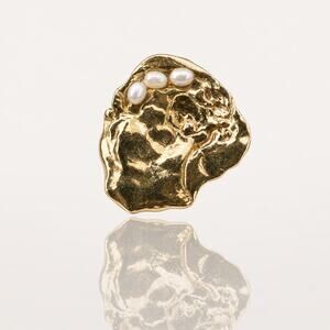 Unique Contemporary Gold-Tone Faux Pearl Brooch Abstract Textured Statement Pin